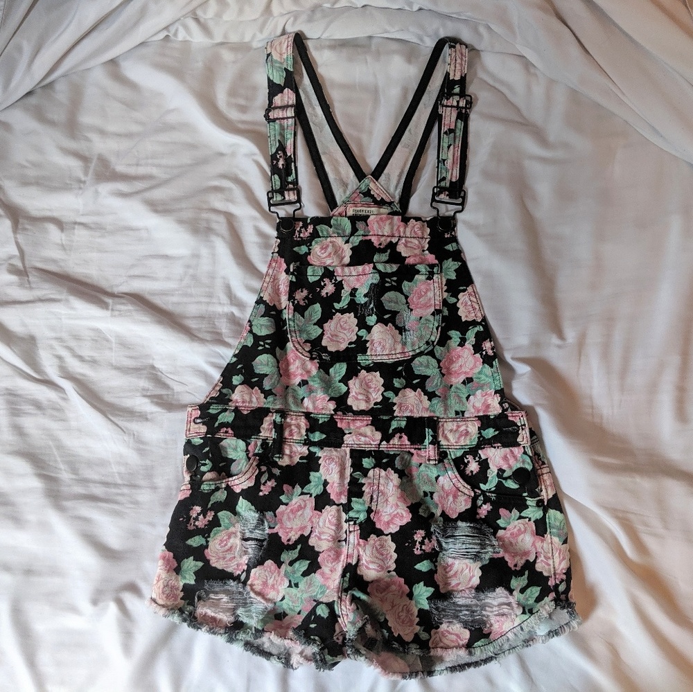 Forever 21 Denim Black Floral Overall Shorts